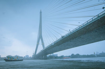View of suspension bridge over river
