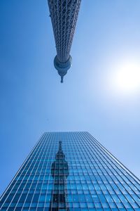 Low angle view of modern building against blue sky