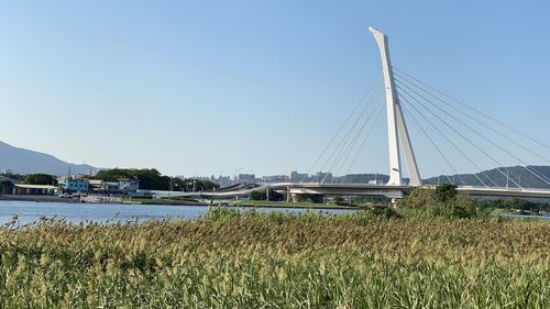 View of bridge over river against clear sky