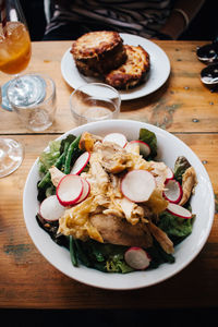 High angle view of food served on table