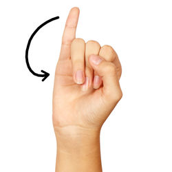 Close-up of person hand holding text against white background