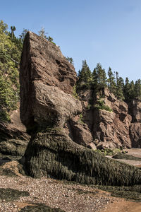 Low angle view of rocks against clear sky