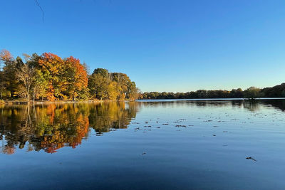 Scenic view of lake against clear blue sky