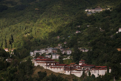 High angle view of townscape and trees in city