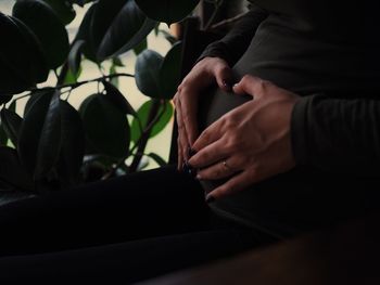 Midsection of pregnant woman sitting in park