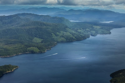 Scenic view of sea and mountains against sky