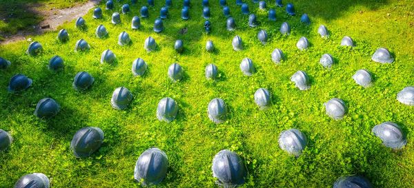 Helmets on grassy field