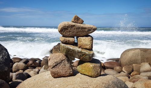 View of rocks on beach against sky