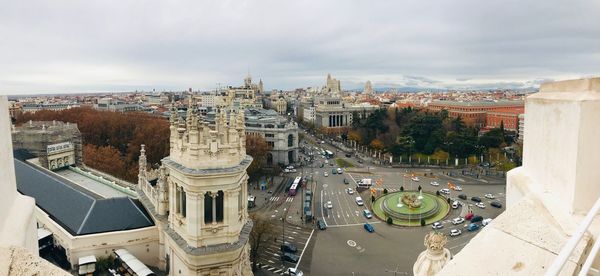 High angle view of buildings in city against sky