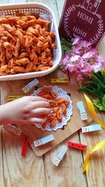 High angle view of hand holding food at market stall