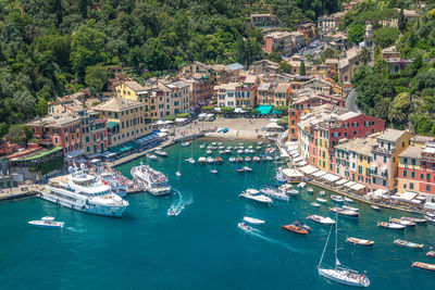 Panorama of portofino seaside bay area with traditional houses, view from castello brown,  italy