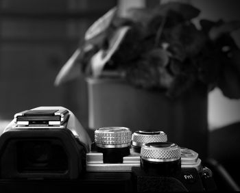 Close-up of camera on table