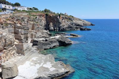 Scenic view of sea and rock formation against sky