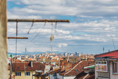 High angle view of buildings against sky