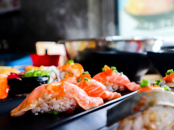 Close-up of sushi served in plate