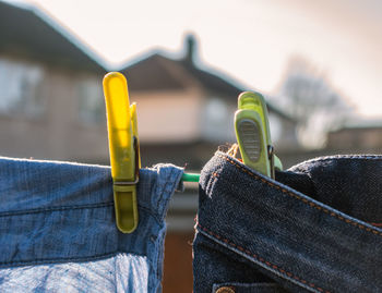 Close-up of clothes drying on clothesline