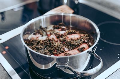 High angle view of meat in cooking pan