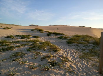 Scenic view of sand dunes against sky