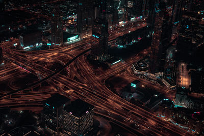 High angle view of city street at night