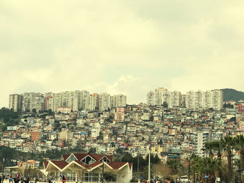 High angle view of buildings against sky