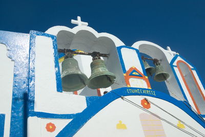 Low angle view of text on building against clear blue sky