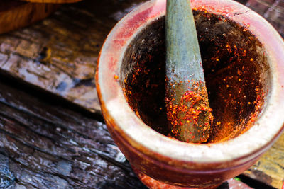 Close-up of mortar and pestle with spices