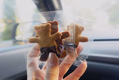 Cropped hand of woman holding cookies in car