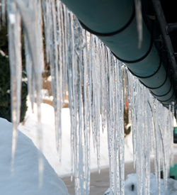 Low angle view of icicles by pipe