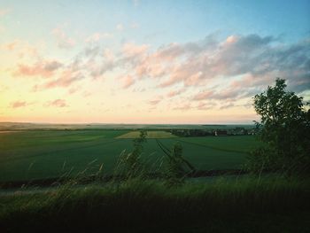 Scenic view of field against cloudy sky