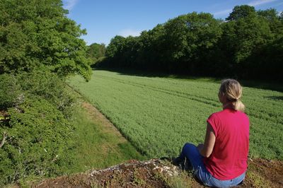 Rear view of woman sitting on field