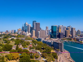 Beautiful panorama of the sydney harbour district with harbour bridge, botanical garden.