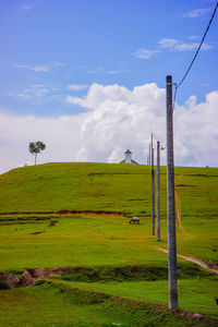 Scenic view of grassy field against sky