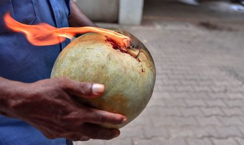 Close-up of man holding fruit