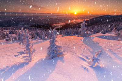 Aerial view of snowcapped landscape against sky during winter
