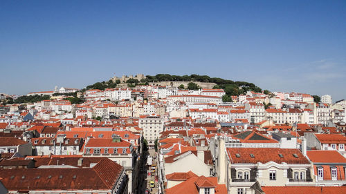 Buildings in town against clear sky