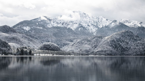 Scenic view of lake by mountains against sky