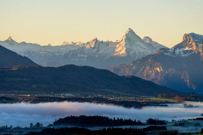 Panoramic view at snow covered mount watzmann in morning light, captured in salzburg, austria