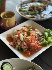 High angle view of salad in bowl on table