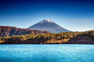 Scenic view of snowcapped mountain against blue sky