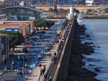 High angle view of people in city