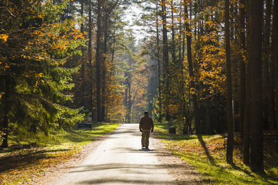 Rear view of woman walking on road amidst trees during autumn