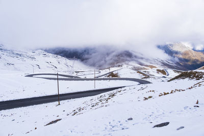 View of passo dello stelvio in snow famous landmark at italy, wallpaper.