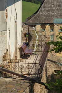 High angle view of people on staircase against building