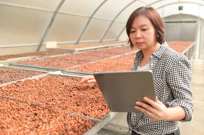 A female farmer with a tablet to inspect the dried coffee beans in a greenhouse.