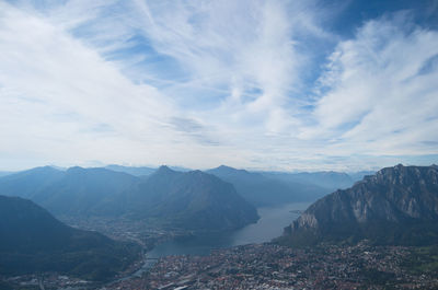 Cloudy landscape of lecco lake from the top of a mountain