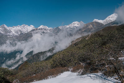 Scenic view of snow covered mountains against sky