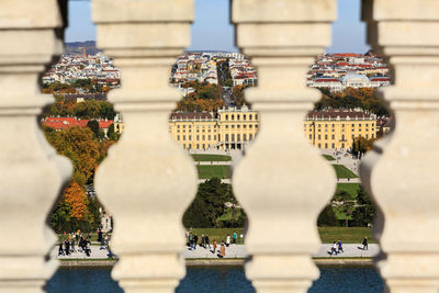 Historic building view between balusters