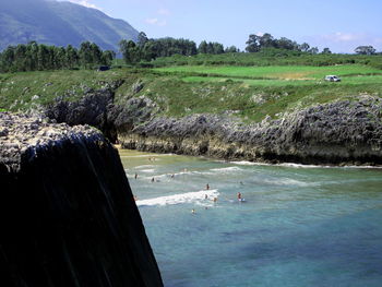 High angle view of land against sky