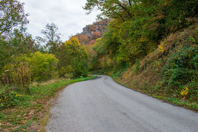 Road amidst trees against sky during autumn