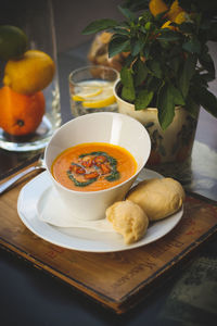 Close-up of soup in bowl on table